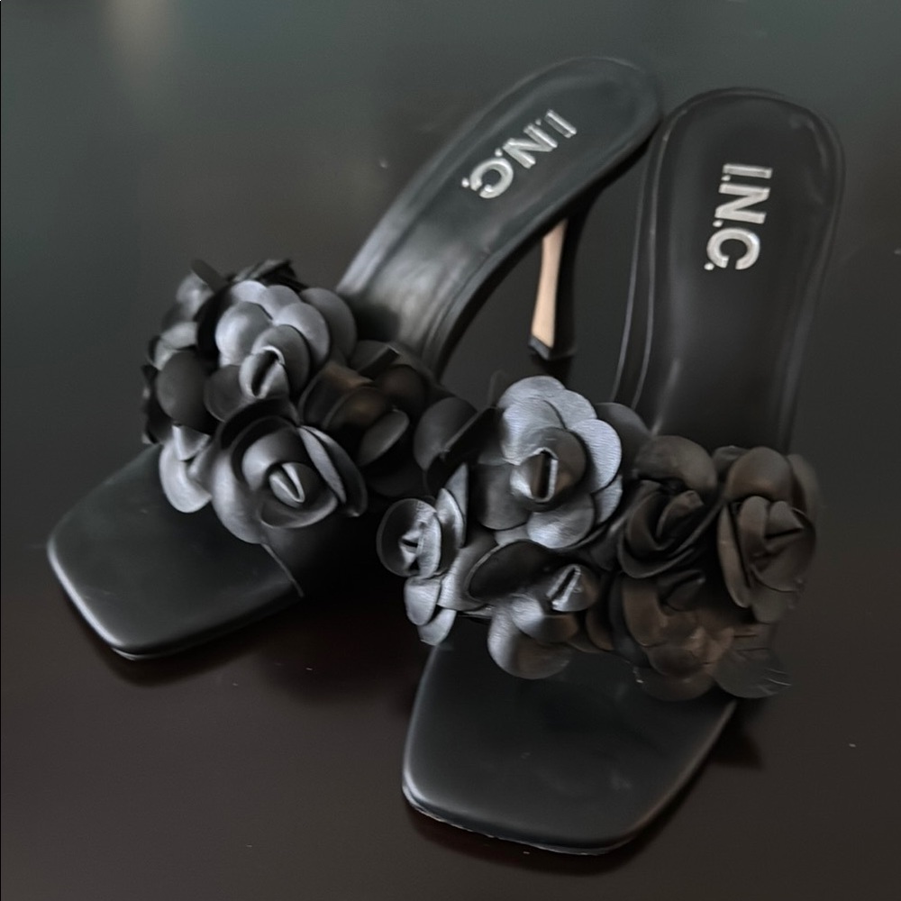 INC International Concepts Black Heeled Floral Embellished Shoes